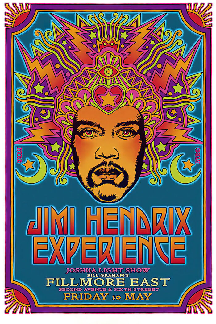 product-image Psychedelic concert poster featuring a stylized portrait of the Jimi Hendrix Experience and event details for a performance at Fillmore East on Friday, May 10. Poster prints available in A1 to A4 sizes.