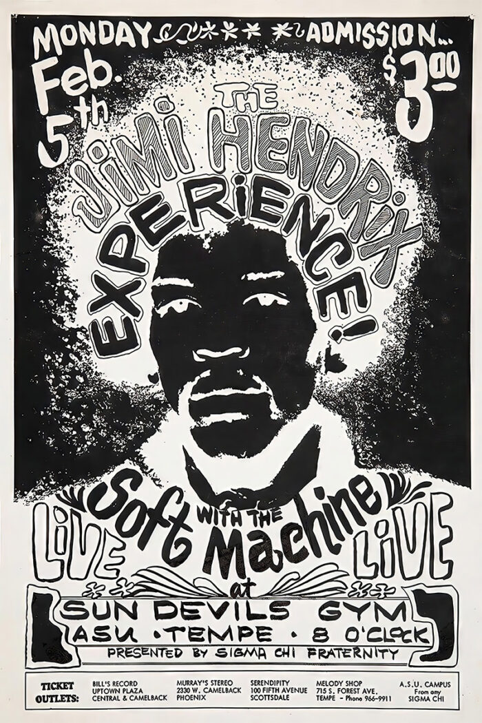 product-image Black and white concert poster for The Jimi Hendrix Experience with The Soft Machine, dated Monday, Feb 5, at ASU Sun Devils Gym; bold text surrounds a stylized portrait of Hendrix. Poster prints available in A1 to A4 sizes.