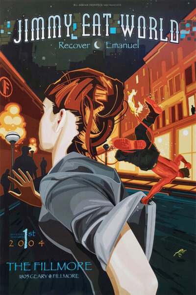 Stylized concert poster for Jimmy Eat World at The Fillmore San Francisco, featuring a person running through city streets and another figure leaping in flames. Event date: March 1, 2004. Poster prints available in A1 to A4 sizes.