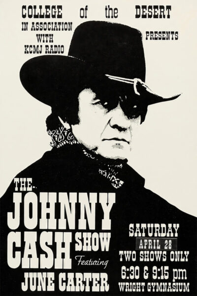 Vintage black and white concert poster featuring Johnny Cash in a cowboy hat, promoting The Johnny Cash Show with June Carter, held Saturday, April 28 at Wright Gymnasium, with shows at 6:30 and 9:15 pm. Poster prints available in A1 to A4 sizes.