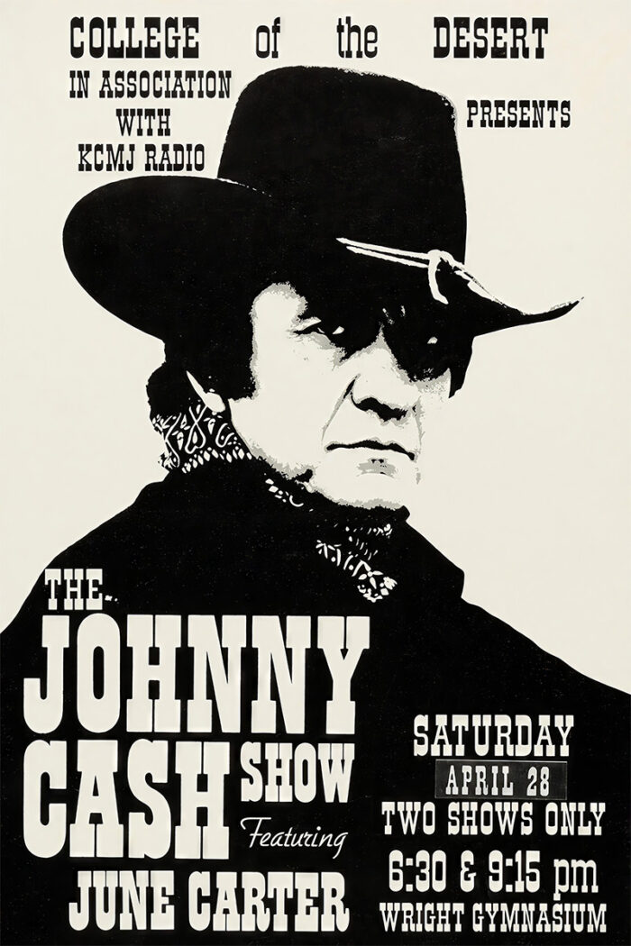 Vintage black and white concert poster featuring Johnny Cash in a cowboy hat, promoting The Johnny Cash Show with June Carter, held Saturday, April 28 at Wright Gymnasium, with shows at 6:30 and 9:15 pm. Poster prints available in A1 to A4 sizes.