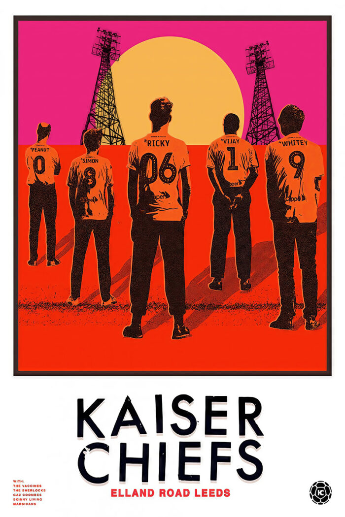 product-image Five people in numbered jerseys stand with their backs to the viewer, facing a setting sun and stadium floodlights. Text reads Kaiser Chiefs Elland Road Leeds—a striking concert poster for an unforgettable night. Poster prints available in A1 to A4 sizes.