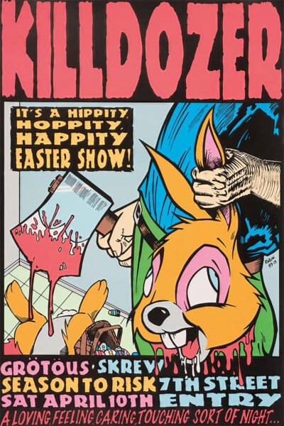 Vibrant concert poster featuring a hand holding a smiling cartoon rabbit with an axe overhead, advertising Killdozer’s Easter Show with band names, date, and event details. Poster prints available in A1 to A4 sizes.