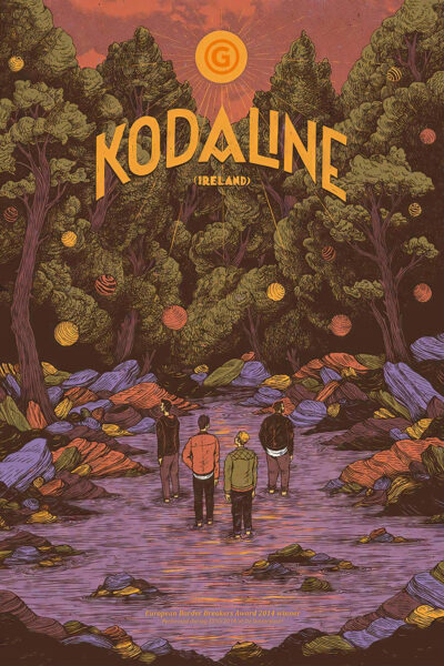 Illustrated Music Poster of four people standing in a colourful forest, facing away from the viewer, with Kodaline (Ireland) and European Border Breakers Award written above them under a stylized sun. Poster prints available in A1 to A4 sizes.