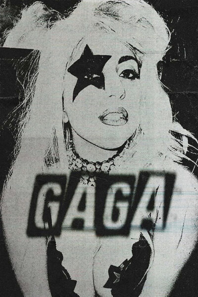 B&W image of a person with platinum blonde hair and a star over one eye; bold, blurry GAGA text stretches across the chest, giving this music poster an edgy, iconic vibe. Poster prints available in A1 to A4 sizes.