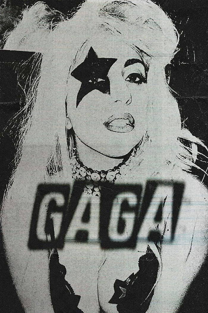 product-image B&W image of a person with platinum blonde hair and a star over one eye; bold, blurry GAGA text stretches across the chest, giving this music poster an edgy, iconic vibe. Poster prints available in A1 to A4 sizes.