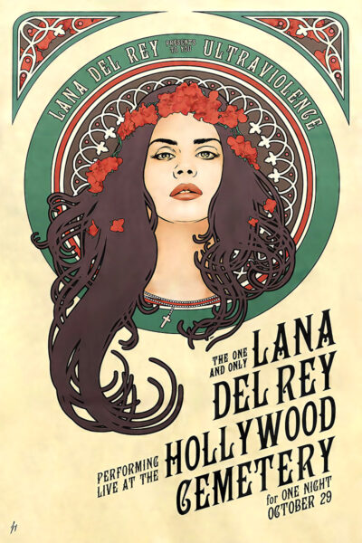 Stylized Concert Poster of Lana Del Rey with wreath and flowing hair, promoting her live performance at Hollywood Cemetery on October 29 for the Ultraviolence album. Poster prints available in A1 to A4 sizes.