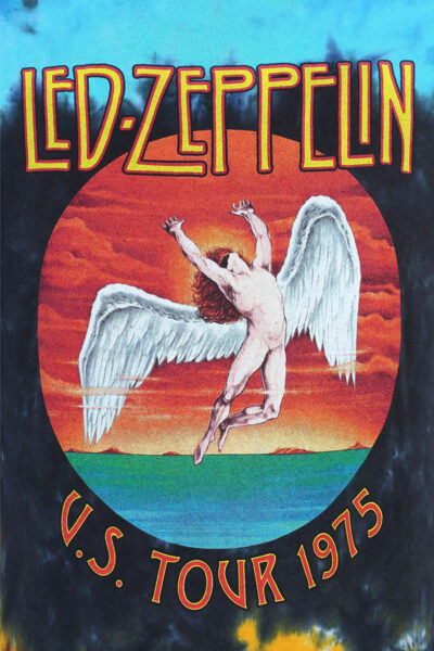 Led Zeppelin Concert Poster: U.S. Tour 1975 graphic shows a winged figure with arms raised, set against an orange sunset sky and water backdrop inside a circular frame. Poster prints available in A1 to A4 sizes.