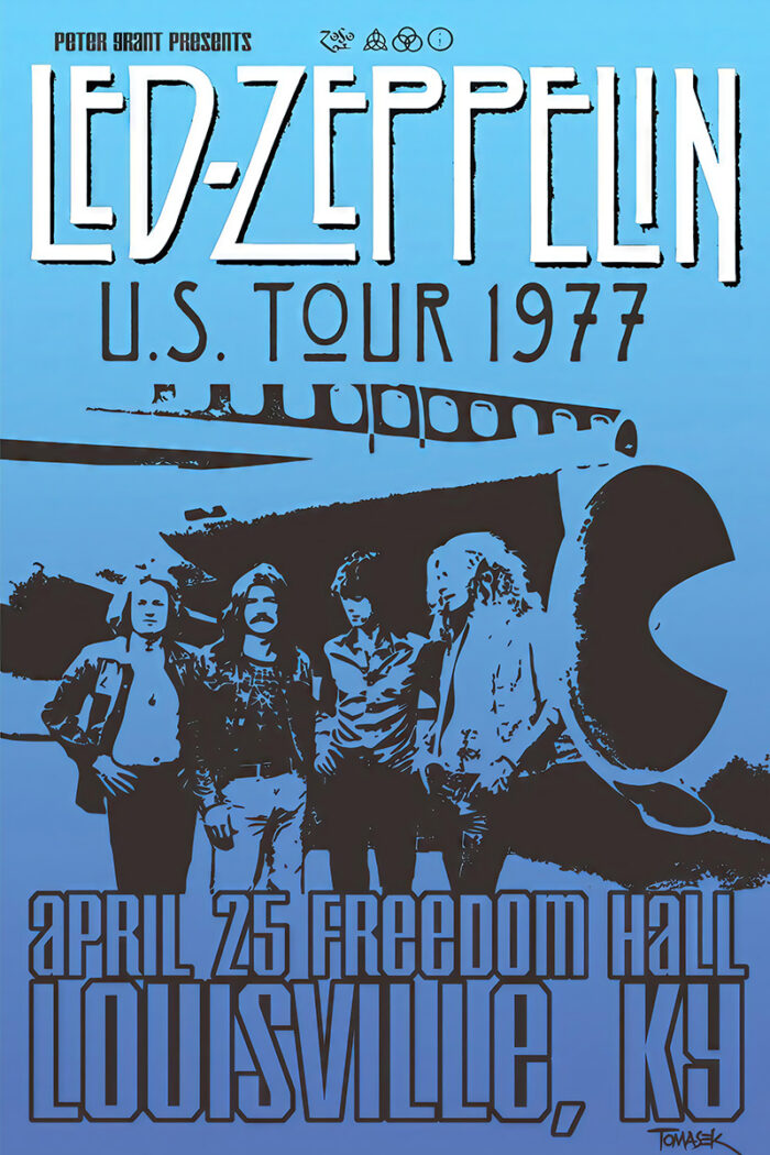 product-image 1977 Louisville concert poster for Led Zeppelin’s U.S. Tour, featuring the band members in front of an airplane with event details for April 25 at Freedom Hall, Louisville, KY. Poster prints available in A1 to A4 sizes.