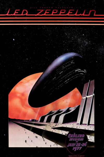 Concert poster for Led Zeppelin, showcasing a futuristic scene with a large black blimp over geometric buildings and an orange sky. Event details for their iconic Oakland Stadium concert in July 1977 are featured. Poster prints available in A1 to A4 sizes.