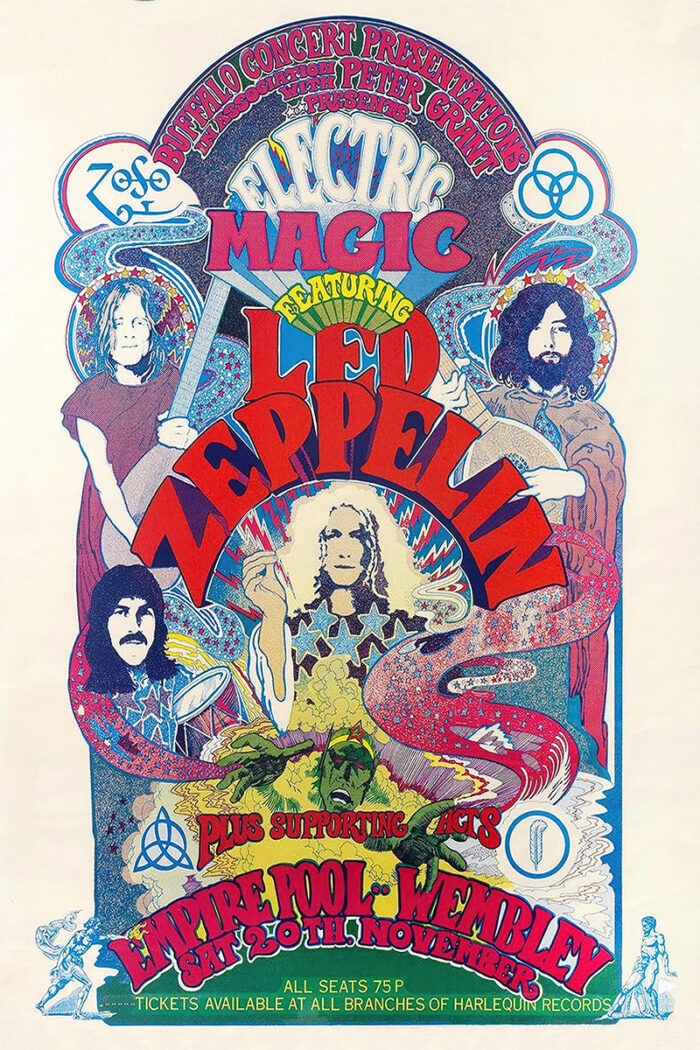 product-image Psychedelic Electric Magic poster for Led Zeppelin’s Wembley concert at Empire Pool on November 20, featuring vibrant illustrations and striking band member portraits. Poster prints available in A1 to A4 sizes.