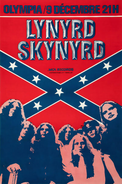 A vintage Lynyrd Skynyrd concert poster showcases the band members below a large Confederate flag, with Olympia Concert event details at the top in bold blue and red text. Poster prints available in A1 to A4 sizes.