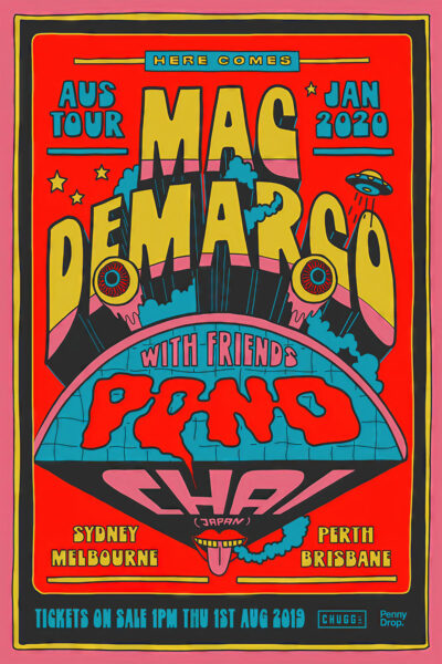 Vibrant Concert Poster for Mac DeMarco’s Australia Tour in January 2020, highlighting special guests and tour stops in Sydney, Melbourne, Perth, and Brisbane. Poster prints available in A1 to A4 sizes.