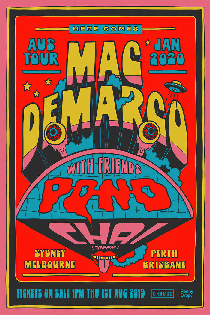 product-image Vibrant Concert Poster for Mac DeMarco’s Australia Tour in January 2020, highlighting special guests and tour stops in Sydney, Melbourne, Perth, and Brisbane. Poster prints available in A1 to A4 sizes.