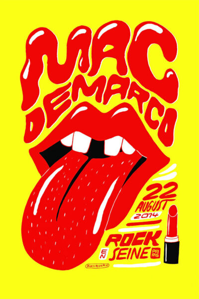Illustrated concert poster for Mac Demarco featuring stylized red lips with tongue out, event date August 22, 2014, and Rock Seine 2014 logo on a bright yellow background. Poster prints available in A1 to A4 sizes.