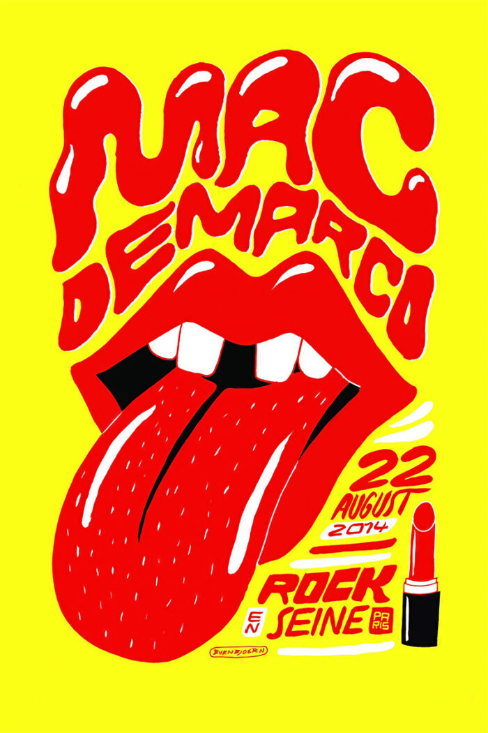 product-image Illustrated concert poster for Mac Demarco featuring stylized red lips with tongue out, event date August 22, 2014, and Rock Seine 2014 logo on a bright yellow background. Poster prints available in A1 to A4 sizes.