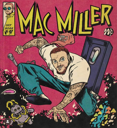 Comic-style Concert Poster featuring a tattooed man breaking through a page, with Mac Miller in bold above him, dated October 2022, and cartoon objects scattered on the floor. Poster prints available in A1 to A4 sizes.