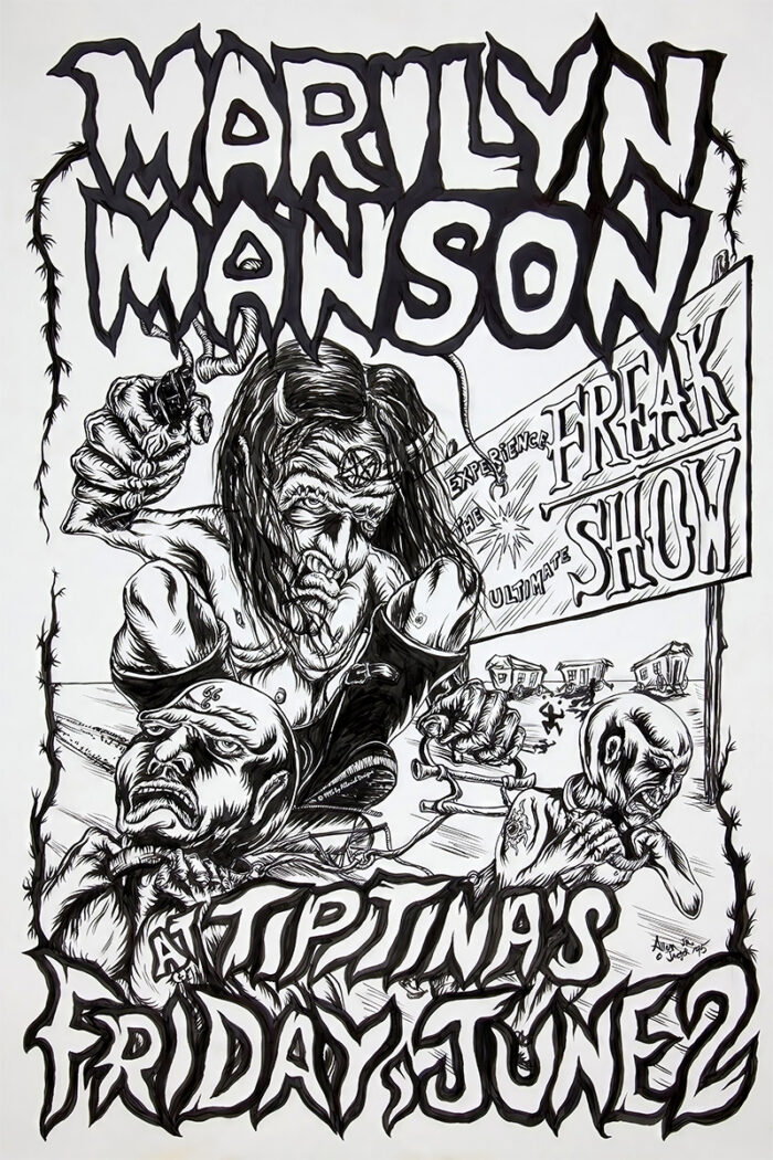 product-image Black and white illustrated concert poster for Marilyn Manson at Tipitinas on Friday, June 2, featuring distorted, aggressive cartoon characters and a Freak Show sign. Poster prints available in A1 to A4 sizes.