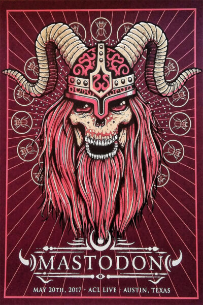 Concert Poster for Mastodon in Austin, Texas, featuring a horned skull with a red beard and helmet. The event takes place May 20th, 2017 at ACL Live, with striking geometric background elements. Poster prints available in A1 to A4 sizes.