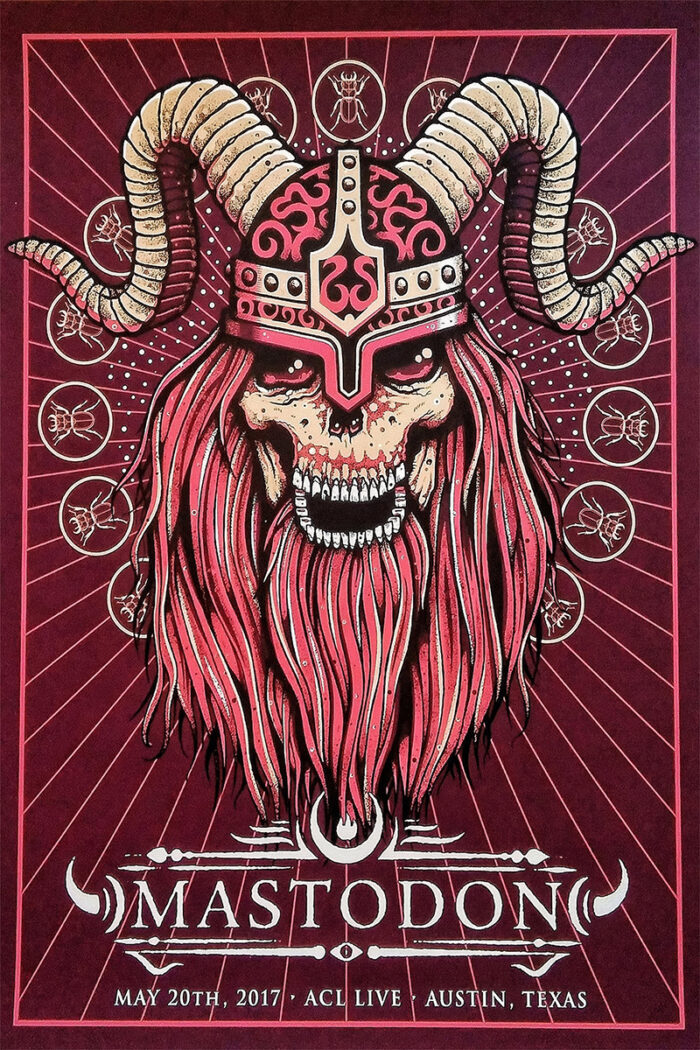 product-image Concert Poster for Mastodon in Austin, Texas, featuring a horned skull with a red beard and helmet. The event takes place May 20th, 2017 at ACL Live, with striking geometric background elements. Poster prints available in A1 to A4 sizes.