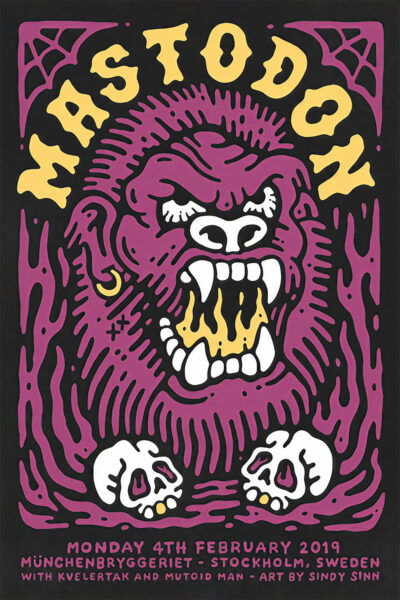 Concert Poster for Mastodon featuring striking purple gorilla art with flames in its mouth; event details listed for February 4, 2019, in Stockholm, Sweden. Poster prints available in A1 to A4 sizes.