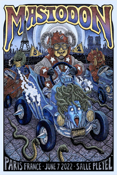 Vibrant concert poster for Mastodon’s Paris, France show on June 7, 2022, featuring cartoon characters racing cars past iconic Paris landmarks with snakes winding through the background. Poster prints available in A1 to A4 sizes.