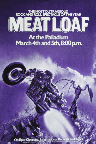 Purple-tinted Concert Poster for Meat Loaf at The Palladium, March 4th and 5th, 8:00 p.m., featuring a muscular man on a motorcycle emerging from the ground. Poster prints available in A1 to A4 sizes.