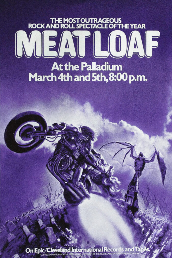 product-image Purple-tinted Concert Poster for Meat Loaf at The Palladium, March 4th and 5th, 8:00 p.m., featuring a muscular man on a motorcycle emerging from the ground. Poster prints available in A1 to A4 sizes.