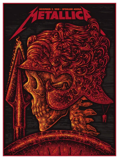 A stylized red and orange skull in Roman armour, with a spear beside it, and Metallica concert poster details at the top for Spokane Arena, all set against a bold black background. Poster prints available in A1 to A4 sizes.