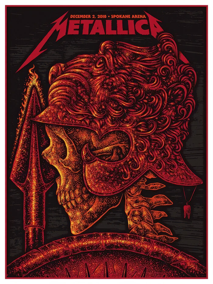 product-image A stylized red and orange skull in Roman armour, with a spear beside it, and Metallica concert poster details at the top for Spokane Arena, all set against a bold black background. Poster prints available in A1 to A4 sizes.