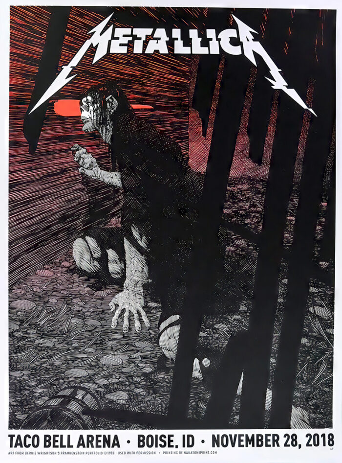 product-image A person crouches in a dark forest under a red sky; the Metallica logo and Boise Idaho concert poster details for Taco Bell Arena, November 28, 2018, are displayed at the bottom. Poster prints available in A1 to A4 sizes.