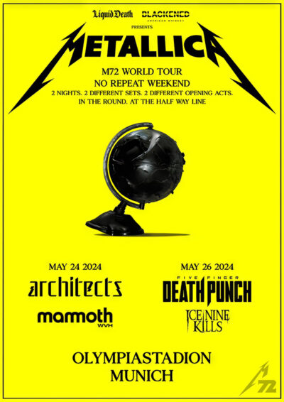 Yellow concert poster for Metallica’s M72 World Tour at Olympiastadion Munich 2024, featuring Architects and Mammoth on May 24, and Five Finger Death Punch with Ice Nine Kills on May 26. Poster prints available in A1 to A4 sizes.
