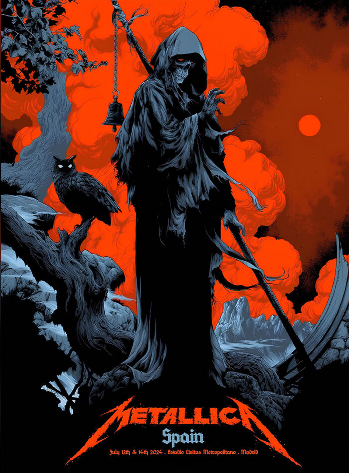 Illustration of a grim reaper with a scythe and an owl, set against a dramatic red and blue sky, featured on a Metallica concert poster for their 2024 show in Madrid, Spain. Poster prints available in A1 to A4 sizes.