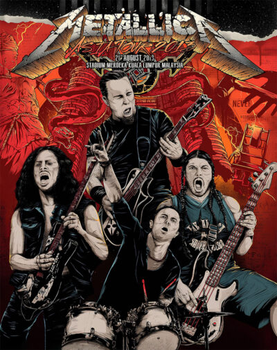 Illustrated concert poster of four musicians performing energetically with guitars and drums, featuring the text Metallica, Asia Tour 2013, 21 August 2013, Stadium Merdeka Kuala Lumpur Malaysia. Poster prints available in A1 to A4 sizes.