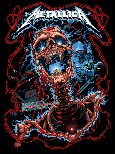 Illustrated 2017 Concert Poster featuring a skeletal figure entangled in red wires, with Metallica at the top and event details for their Genting Arena Birmingham show. Poster prints available in A1 to A4 sizes.