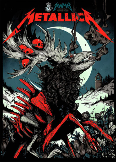 Stylized illustration of a deer-like creature with a skull head and red bones beneath a full moon, Metallica logo above, and a house in the snowy background—created for the 2020 Poster of the Helping Hands Concert. Poster prints available in A1 to A4 sizes.