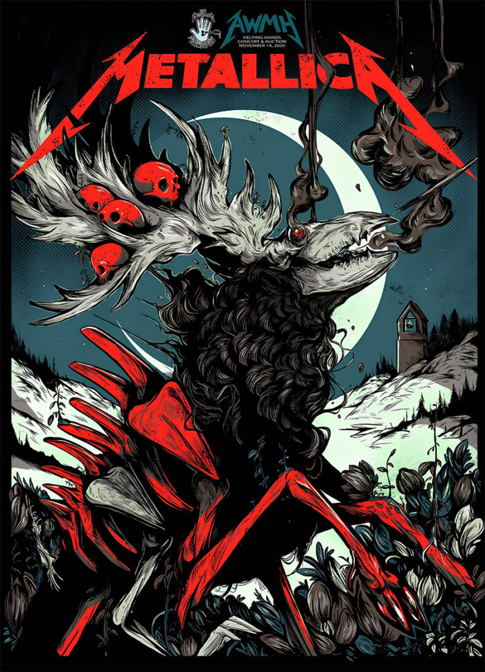 product-image Stylized illustration of a deer-like creature with a skull head and red bones beneath a full moon, Metallica logo above, and a house in the snowy background—created for the 2020 Poster of the Helping Hands Concert. Poster prints available in A1 to A4 sizes.
