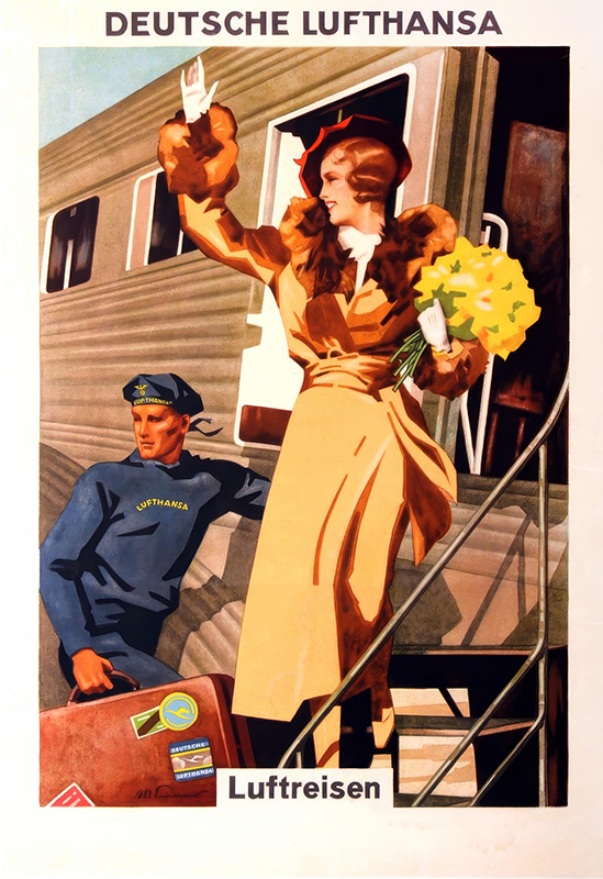 product-image A woman in a brown coat waves while holding yellow flowers at the top of airplane stairs; a Lufthansa crew member lifts a suitcase below. Vintage travel poster available in A1 to A4 sizes.
