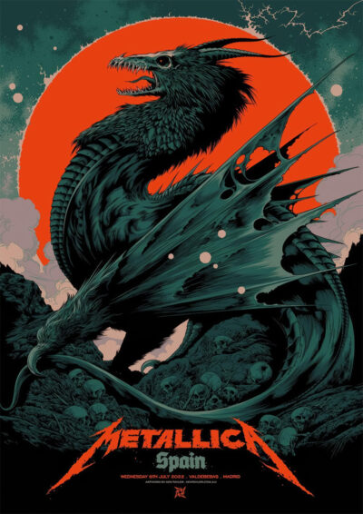 A dark, menacing dragon with torn wings stands amid skulls under a red sun. Metallica Spain and bold, distressed 2022 poster details for the Madrid concert are displayed at the bottom. Poster prints available in A1 to A4 sizes.