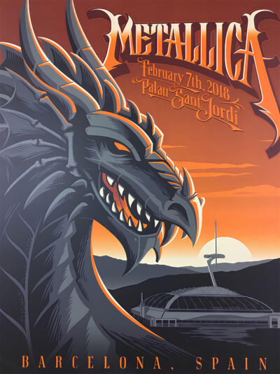 Concert poster featuring a dragon with the Metallica logo, show date February 7th, 2018, at Palau Sant Jordi in Barcelona, Spain, with a sunset and arena in the background. Poster prints available in A1 to A4 sizes.