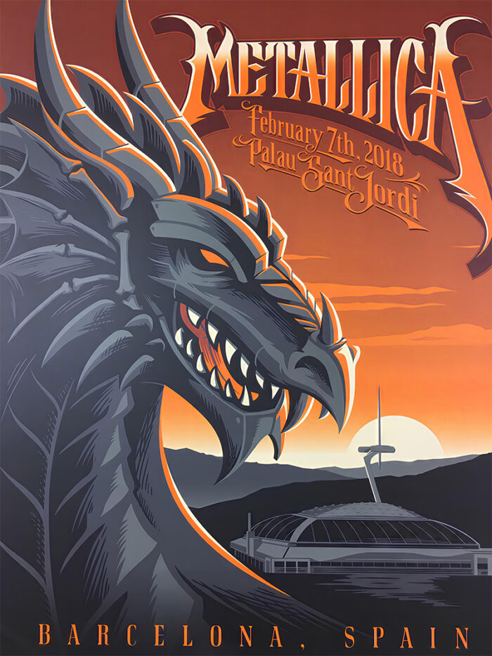 product-image Concert poster featuring a dragon with the Metallica logo, show date February 7th, 2018, at Palau Sant Jordi in Barcelona, Spain, with a sunset and arena in the background. Poster prints available in A1 to A4 sizes.