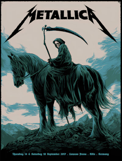 product-image Illustrated concert poster of a grim reaper holding a scythe on horseback under a cloudy sky, promoting Metallica at Lanxess Arena, Cologne, Germany, in September 2019. A must-have for fans of Metallica’s epic shows in Germany. Poster prints available in A1 to A4 sizes.