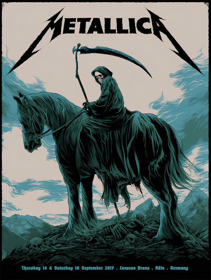 product-image Illustrated concert poster of a grim reaper holding a scythe on horseback under a cloudy sky, promoting Metallica at Lanxess Arena, Cologne, Germany, in September 2019. A must-have for fans of Metallica’s epic shows in Germany. Poster prints available in A1 to A4 sizes.