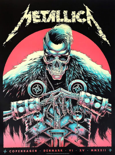 Illustrated 2022 concert poster of a skeletal figure in punk attire, with bold Metallica text above and Copenhagen concert details below, all in neon colours on a black background. Poster prints available in A1 to A4 sizes.