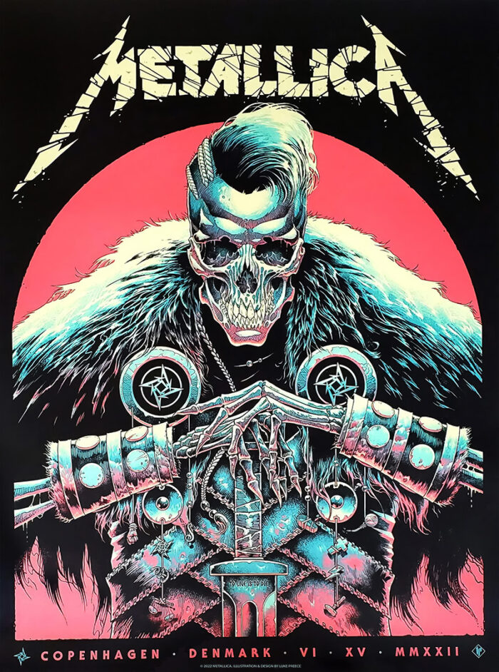Illustrated 2022 concert poster of a skeletal figure in punk attire, with bold Metallica text above and Copenhagen concert details below, all in neon colours on a black background. Poster prints available in A1 to A4 sizes.