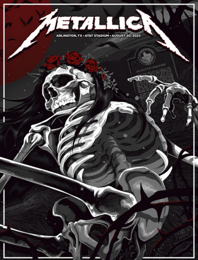 Illustration of a skeleton with long hair and a rose crown holding a rose, gravestones below, and the Metallica logo above; Concert Poster text reads Arlington Texas 2023 AT&T Stadium August 20. Poster prints available in A1 to A4 sizes.