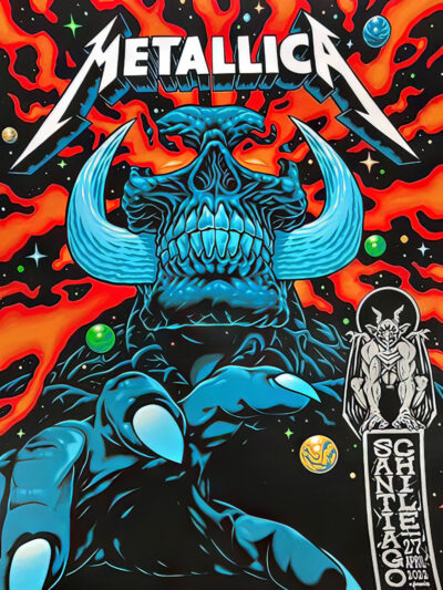 A vibrant, comic-style Concert Poster featuring a blue skull with tusks and flames, promoting Metallicas April 27, 2022 show in Santiago, Chile amid a dynamic space-themed background. Poster prints available in A1 to A4 sizes.