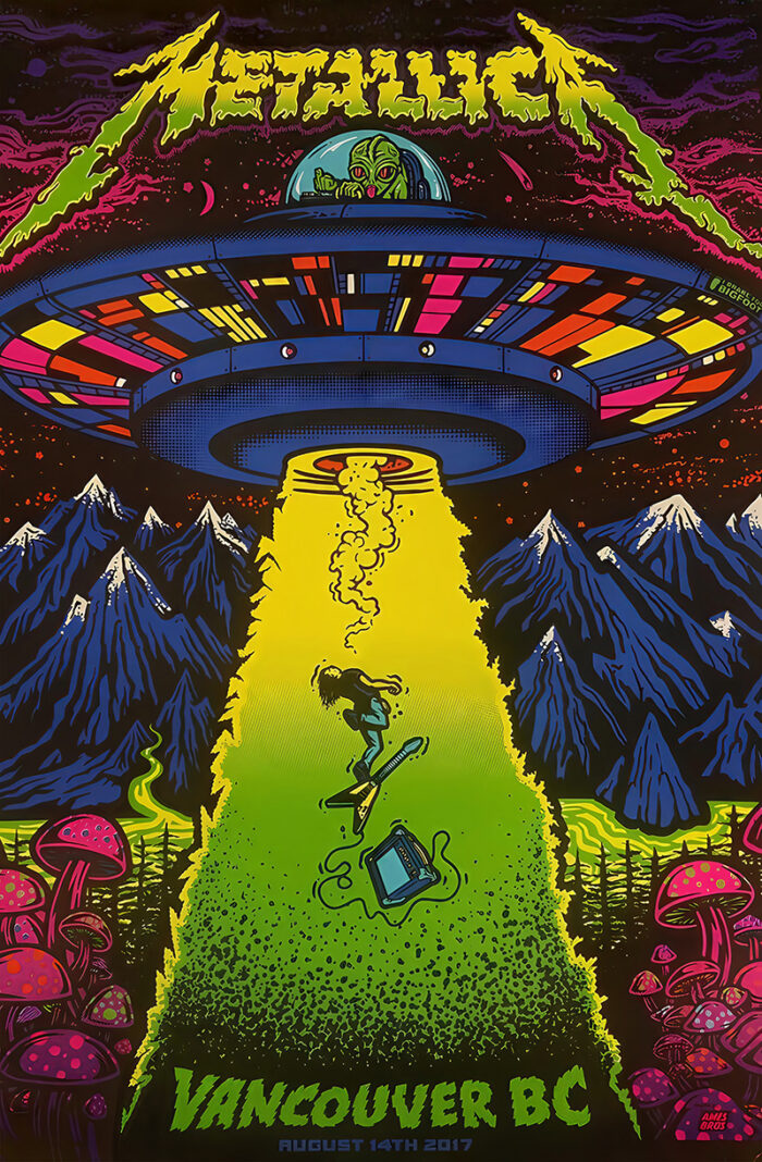 product-image A vibrant concert poster for Metallica’s Vancouver 2017 show features a UFO beaming up a guitarist amid mountains and mushrooms, capturing the surreal energy of this unforgettable event. Poster prints available in A1 to A4 sizes.