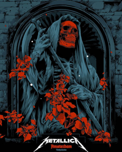 A hooded skeleton with a red skull holds a staff and is surrounded by red flowers; Concert Poster text and Metallica Amsterdam appear at the bottom. Poster prints available in A1 to A4 sizes.