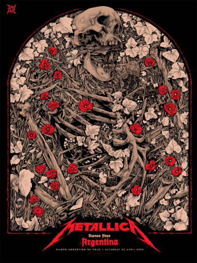 A human skeleton lies among red and white flowers and tangled branches, with bold Concert Poster details for Metallica’s Buenos Aires show in vivid red text at the bottom. Poster prints available in A1 to A4 sizes.